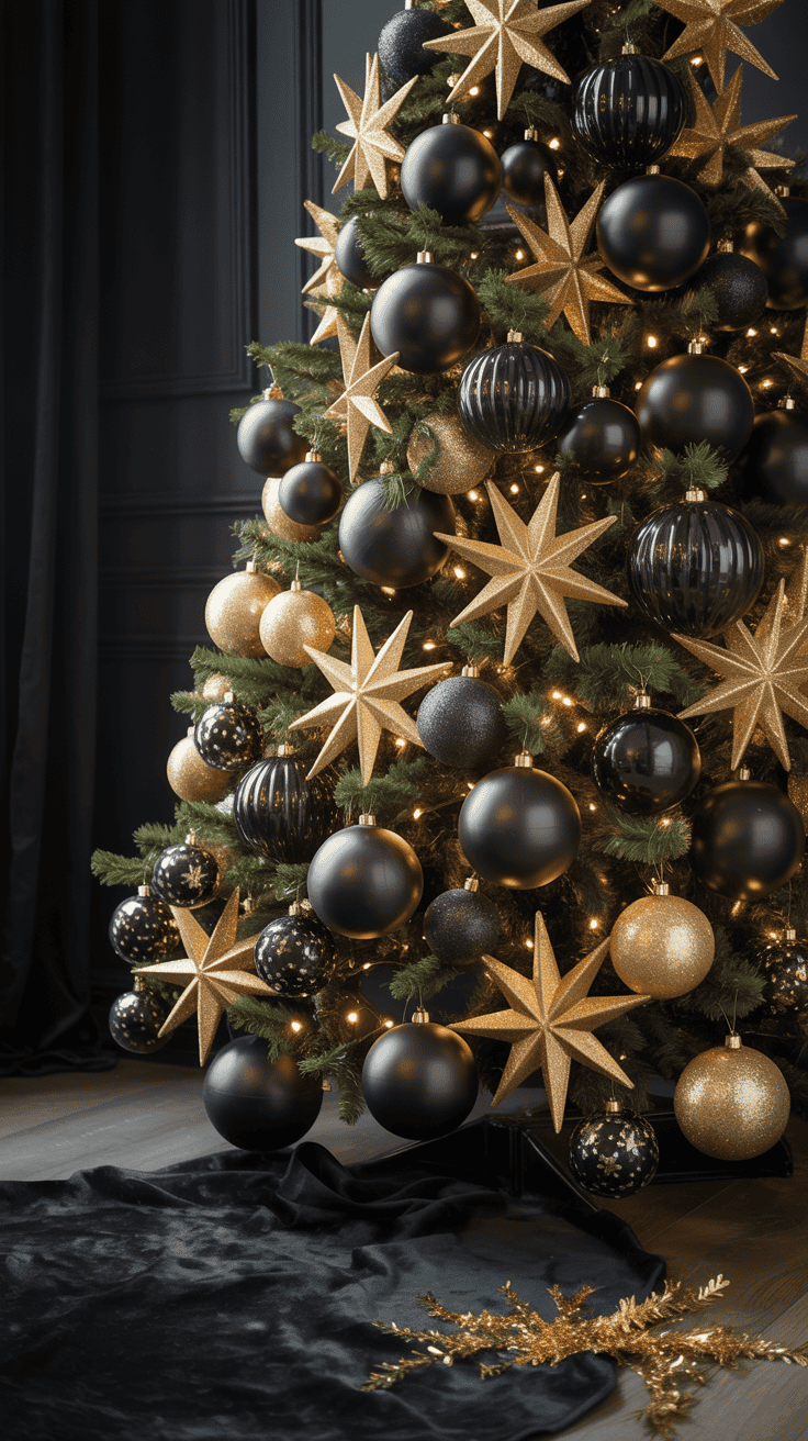 A Christmas tree adorned with black and gold baubles and star-shaped ornaments, set against a dark wall with a black velvet tree skirt.