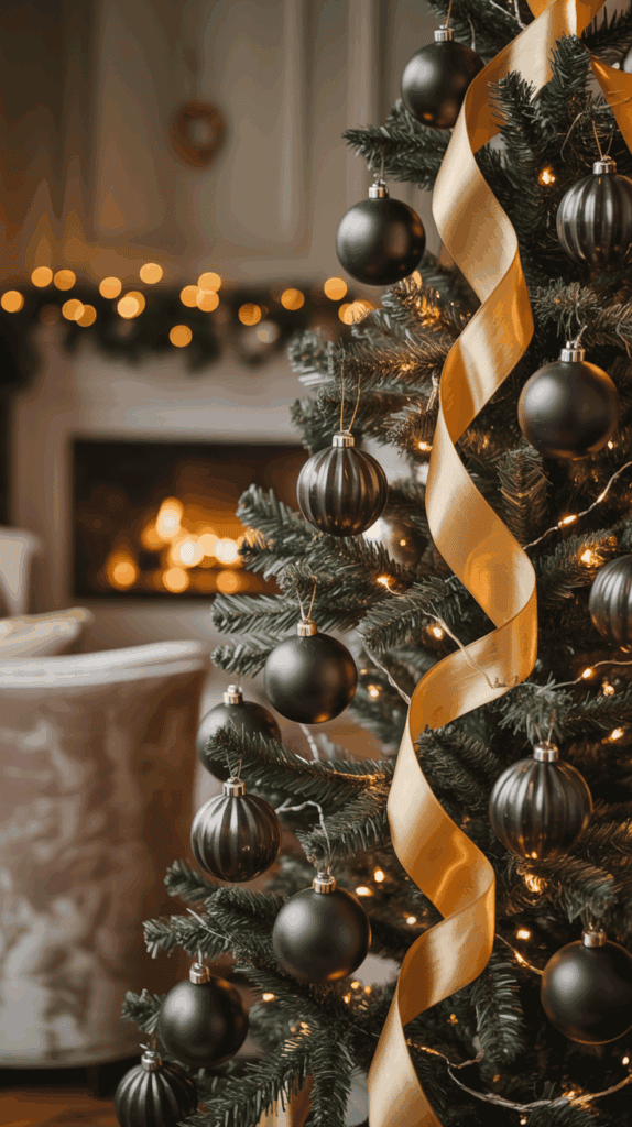 A decorated Christmas tree with black baubles and a gold ribbon, set in a cozy room with a fireplace blurred in the background.