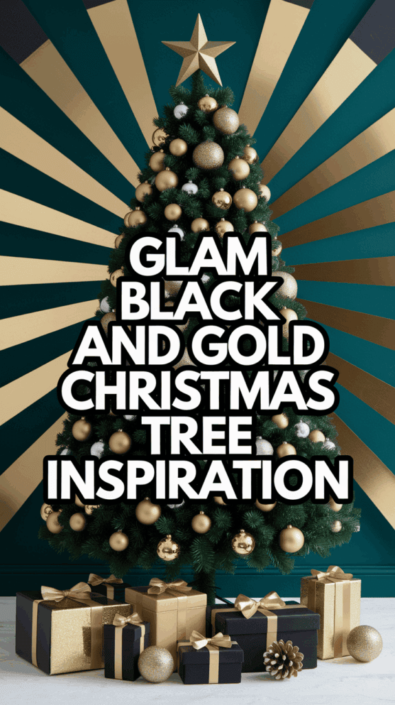 A Christmas tree decorated in black and gold ornaments stands against a backdrop with gold starburst patterns. The image includes bold white text saying "Glam Black and Gold Christmas Tree Inspiration." Below the tree are neatly wrapped presents in matching black and gold paper.