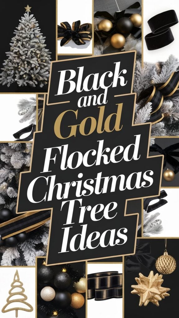 Collage featuring black and gold flocked Christmas tree decorations, including ribbons, ornaments, and a fully decorated tree, with the text "Black and Gold Flocked Christmas Tree Ideas."