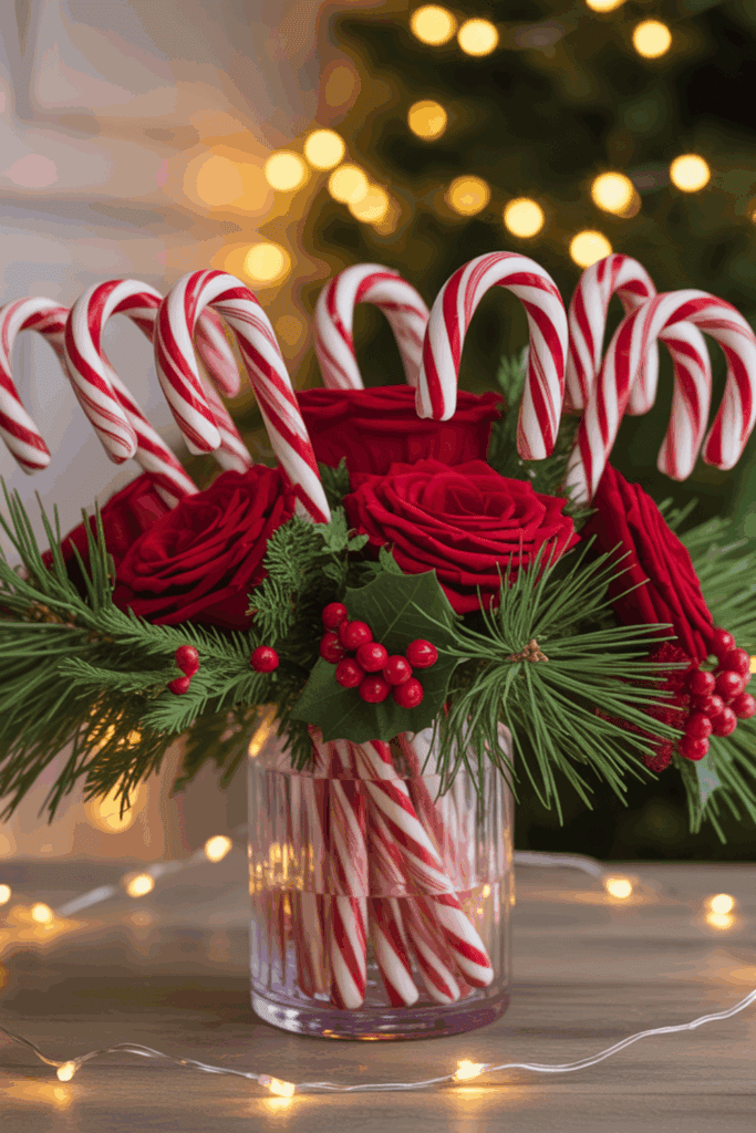 A festive holiday arrangement featuring red roses, candy canes, pine branches, and red berries in a clear vase, with warm fairy lights in the background.