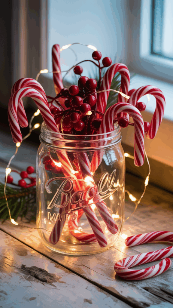 A glass jar filled with red and white candy canes, red berries, and surrounded by decorative string lights, placed on a wooden surface near a window.