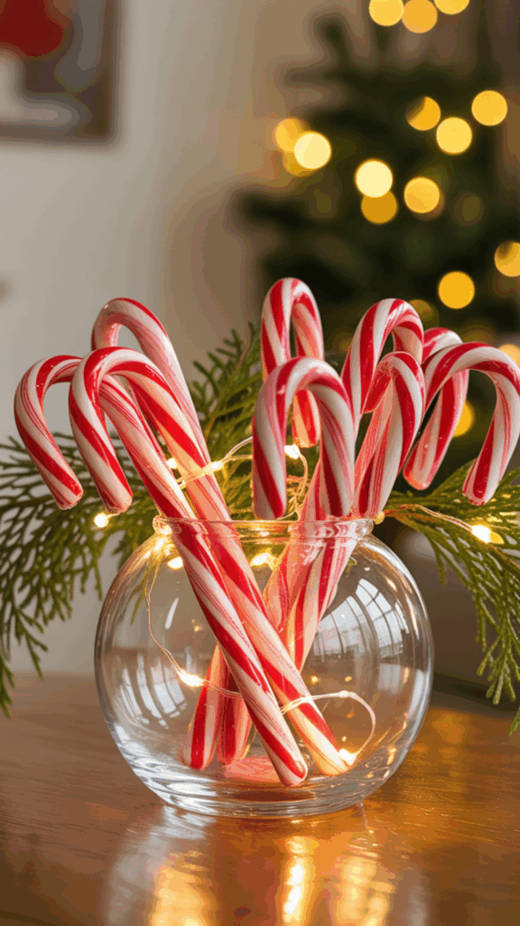 A glass vase filled with red and white candy canes and green pine branches, decorated with small fairy lights, with a blurred Christmas tree and warm lights in the background.