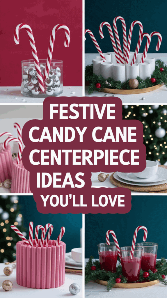 Collage of festive candy cane centerpiece ideas displayed in various arrangements with holiday decorations and a bold caption reading "Festive Candy Cane Centerpiece Ideas You'll Love."