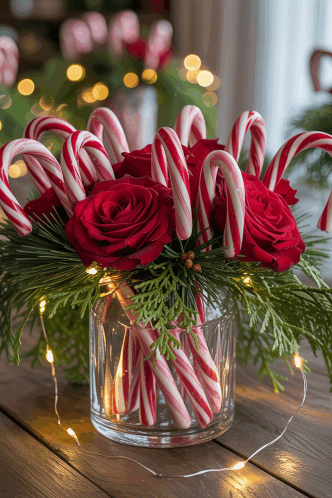 A festive arrangement in a glass jar featuring red roses, candy canes, pine branches, and fairy lights, set on a wooden table with soft, blurred lights in the background.