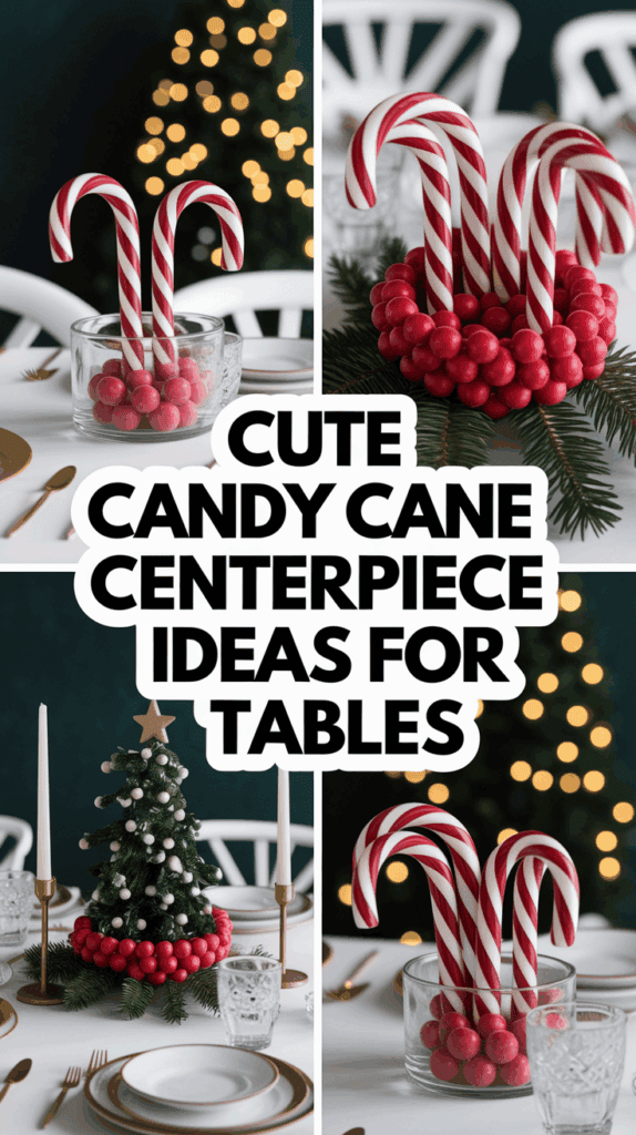 Collage featuring candy cane centerpiece ideas, including candy canes in a glass jar with red candy balls and a mini Christmas tree with a red candy ball base, all on festive table settings.