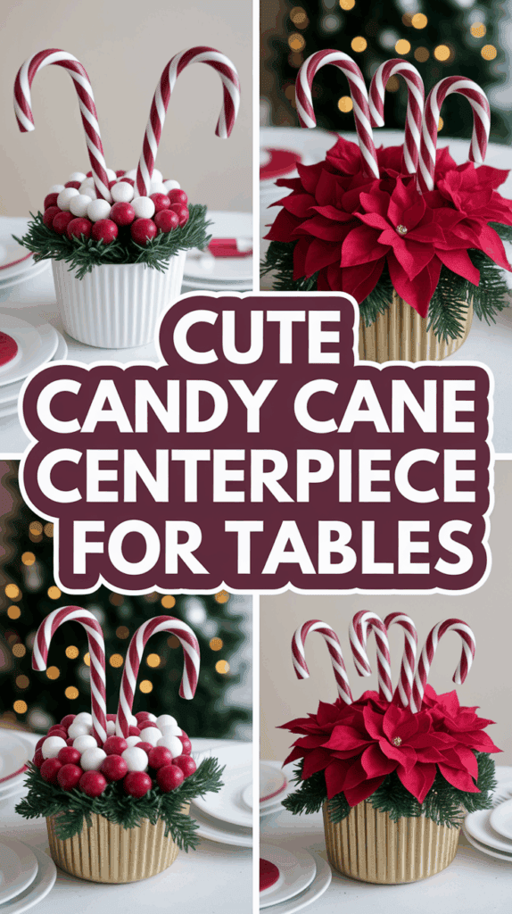Collage of festive table centerpieces featuring candy canes, red and white ornaments, and red poinsettias, arranged in decorative bowls with greenery.