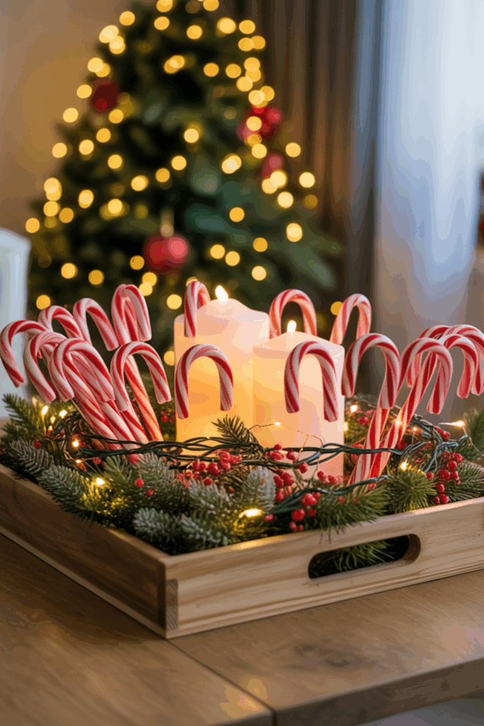 A festive Christmas centerpiece featuring three lit candles surrounded by red and white candy canes, pine branches, and red berries, with a background of a blurred illuminated Christmas tree.