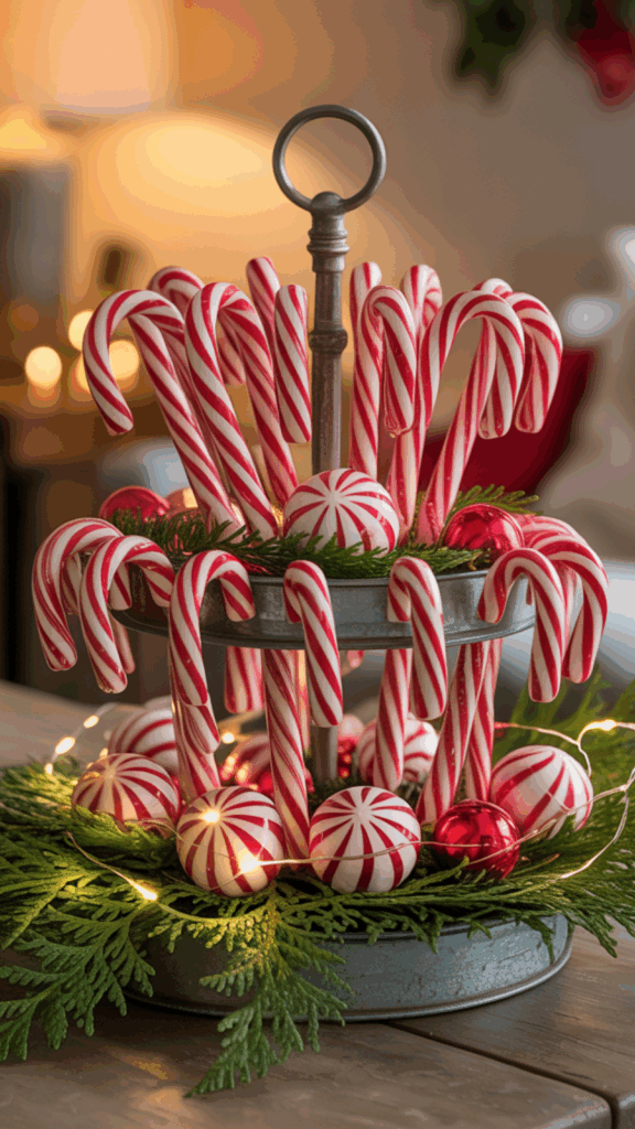 A decorative display featuring red and white striped candy canes arranged on a tiered stand, surrounded by festive greenery, red ornaments, and peppermint swirl balls, illuminated by small string lights.