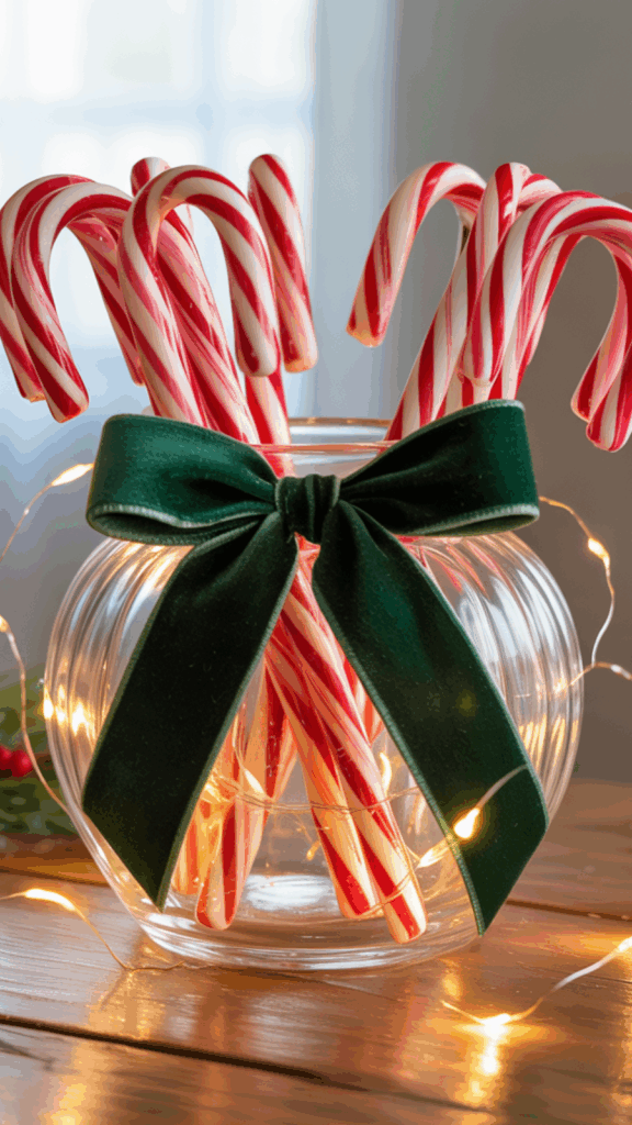 A glass bowl filled with red and white striped candy canes, adorned with a decorative green velvet bow and surrounded by warm white fairy lights on a wooden surface.