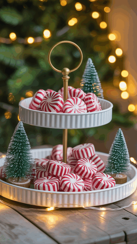 Two-tiered serving tray filled with red and white striped peppermint candies, decorated with small green artificial pine trees, with fairy lights and a blurred Christmas tree in the background.