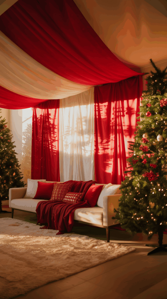 A cozy living room decorated for the holidays with a white sofa accented by red pillows and a matching throw blanket, surrounded by Christmas trees adorned with lights and ornaments. Red and white drapes hang from the ceiling, creating a warm and festive atmosphere.