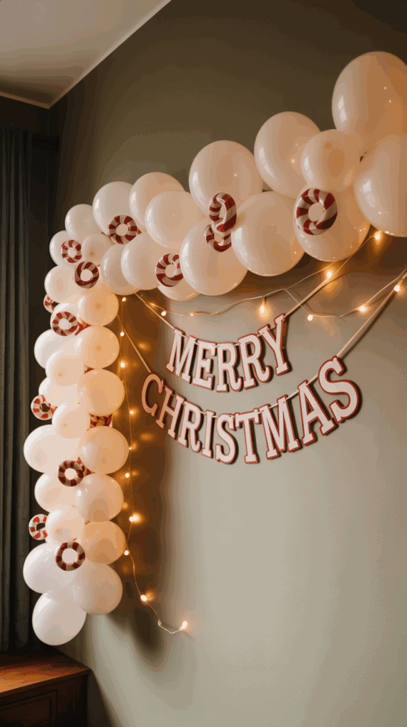 A Christmas decoration featuring a banner with the words 'Merry Christmas' hung on a wall, surrounded by white balloons and candy cane themed accents, with string lights adding a warm glow.