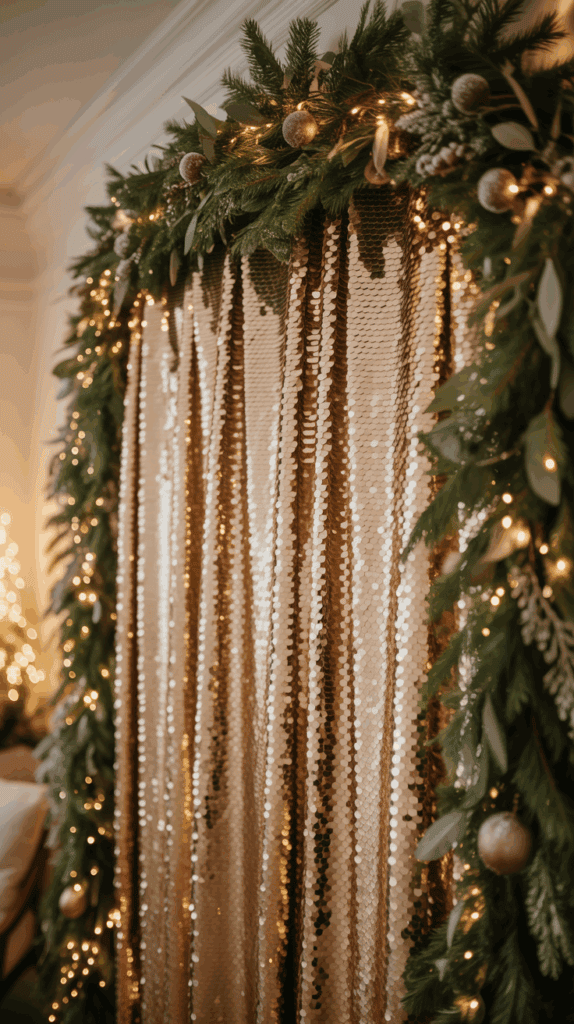 A festive backdrop featuring golden sequin curtains surrounded by pine garlands and string lights, with decorative ornaments accenting the greenery.