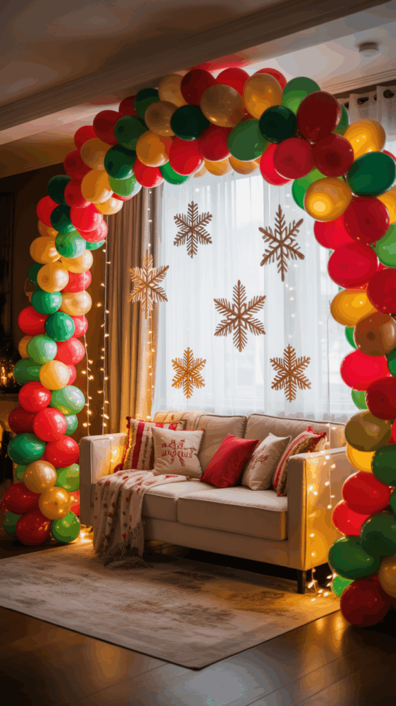 A festive living room setup featuring a white couch adorned with red and white pillows and a knitted blanket. The area is decorated with a large arch of red, green, and gold balloons, with string lights intertwined. Snowflake decals adorn the window behind the couch, enhancing the holiday theme.