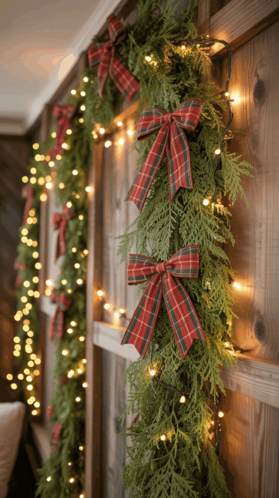 Christmas garland with green foliage, decorated with red plaid bows and warm white string lights, hanging in a cozy wood-paneled room.