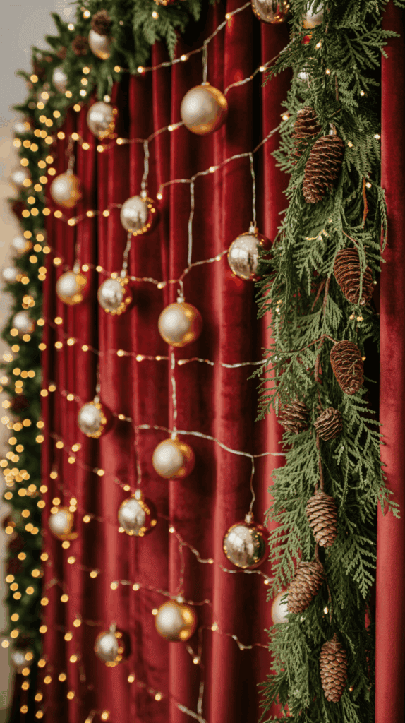 A festive holiday decoration featuring a red velvet curtain adorned with gold ornaments, pine cones, and green foliage garlands, illuminated by small string lights.