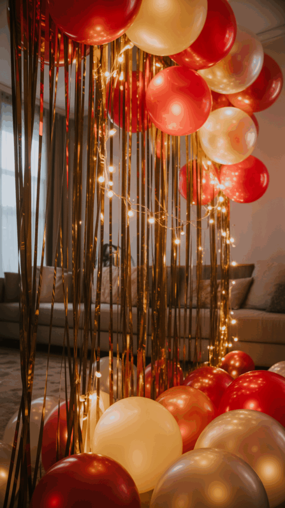 A room decorated with red and gold balloons, golden streamers, and string lights, creating a festive atmosphere.