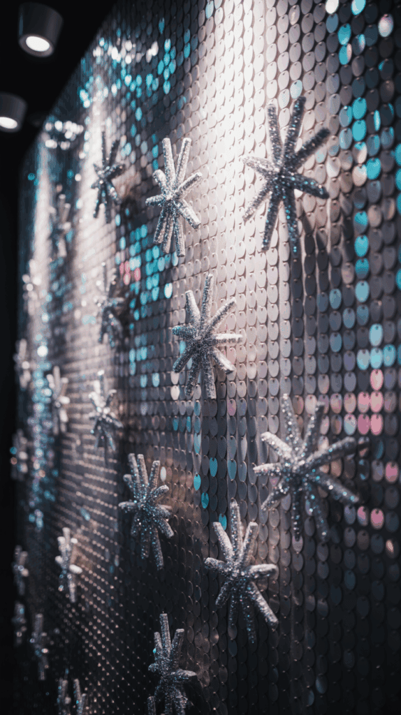 A sequin-covered wall adorned with glittery star-shaped decorations, illuminated by spotlights, creating a shimmering effect.