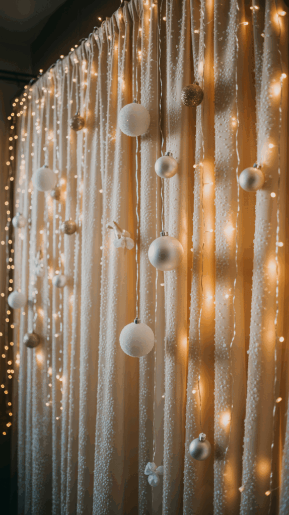 A vertical arrangement of white and gold Christmas ornaments hanging in front of beige curtains, complemented by small warm fairy lights draped around the backdrop.