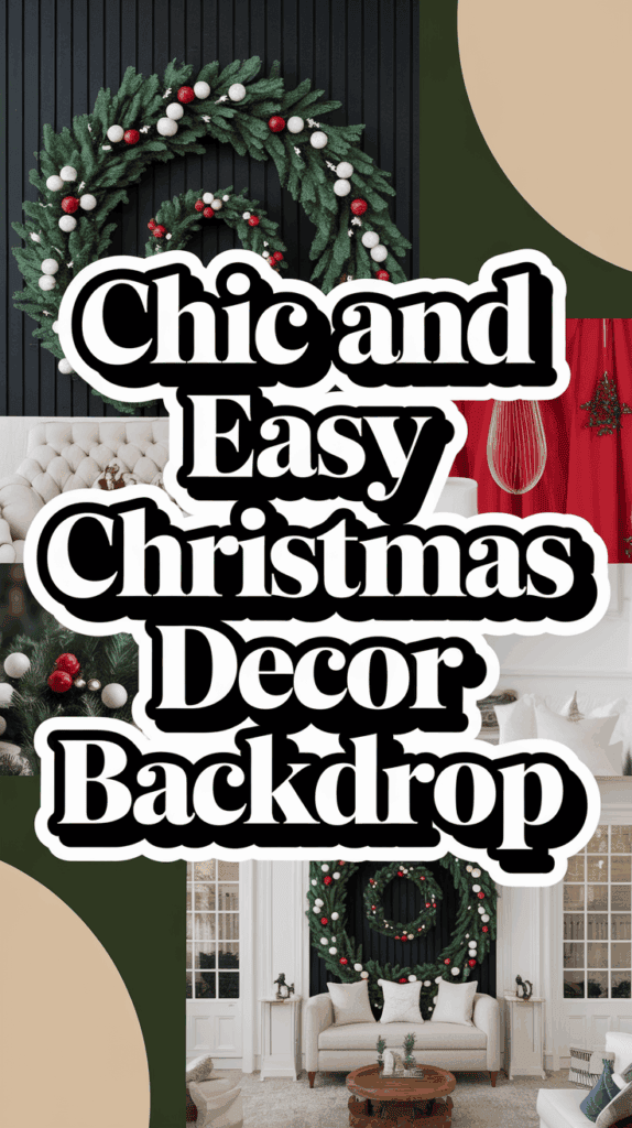 A decorative Christmas design featuring a large wreath with green foliage and red and white ornaments against a backdrop. In bold, stylized text in the foreground is the phrase "Chic and Easy Christmas Decor Backdrop." The image is surrounded by sections of elegant home interiors with Christmas decorations.