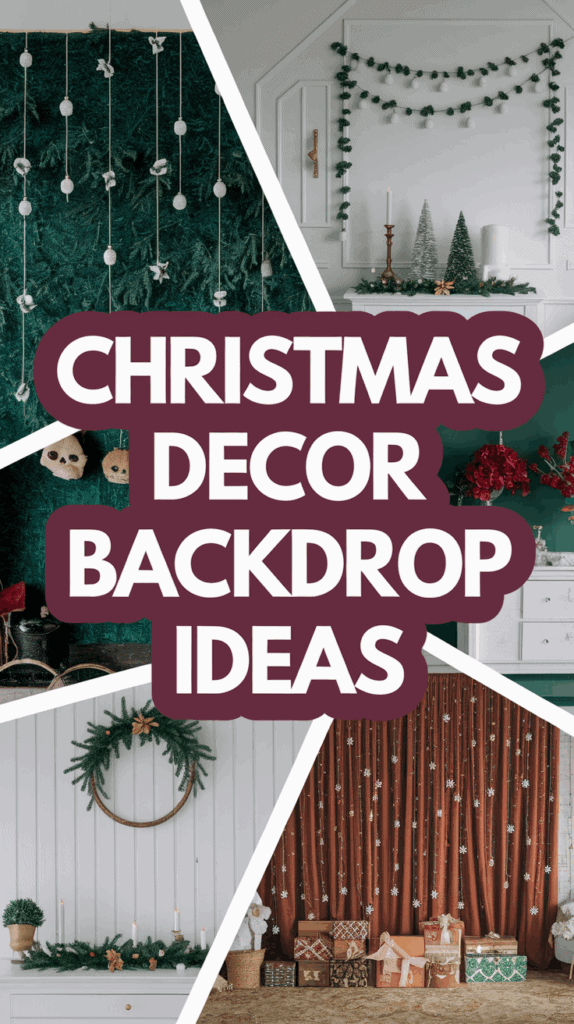 A collage showcasing various Christmas decor backdrops, including garlands, wreaths, candles, and gift-wrapped boxes, with a central text reading 'Christmas Decor Backdrop Ideas.'
