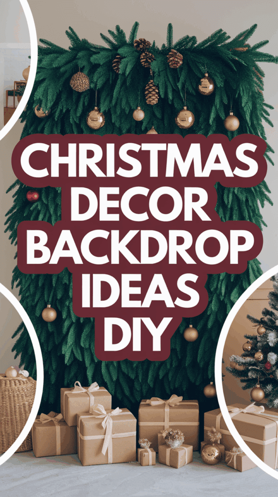 A festive scene featuring a Christmas backdrop with evergreen branches and gold ornaments, accompanied by neatly wrapped presents in brown paper, highlighting DIY decoration ideas.