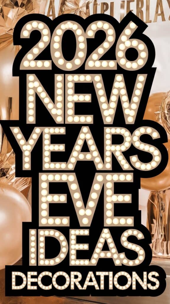 A decorative image with the text "2026 New Year's Eve Ideas Decorations" in a bold, bulb-lit style against a festive backdrop with golden balloons and foil decorations.