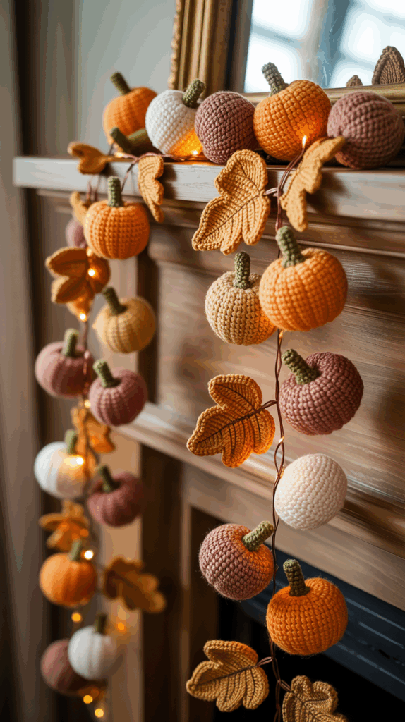 A crocheted garland with orange, white, and brown pumpkins, along with autumn leaves, drapes elegantly over a fireplace mantel, enhanced by small, warm lights.