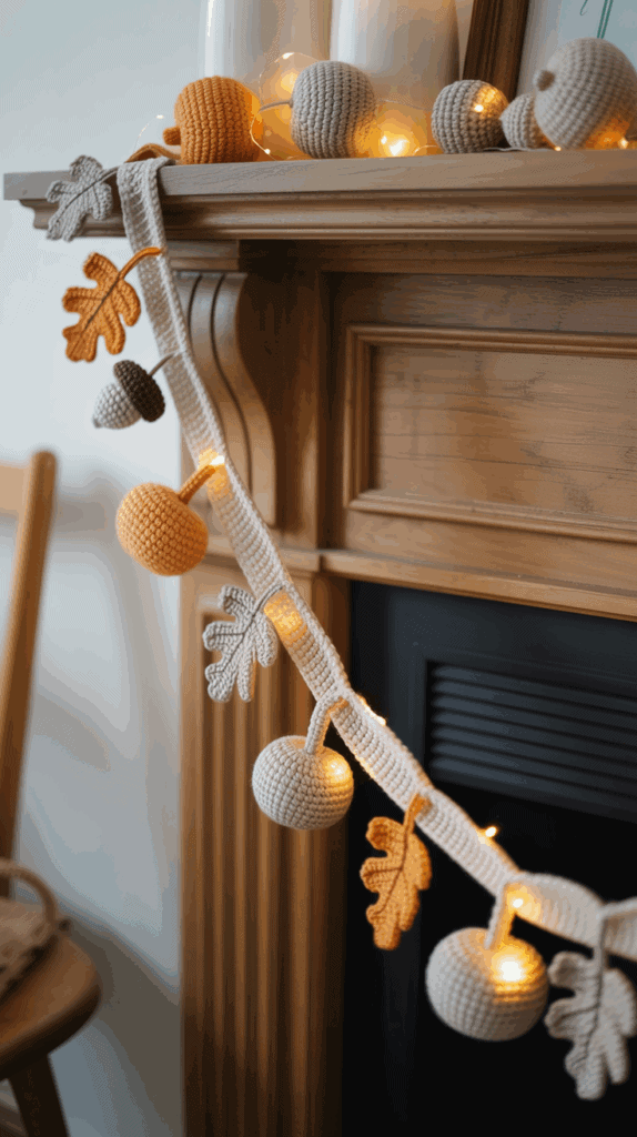 A wooden fireplace mantle decorated with a crocheted garland featuring soft pumpkins and autumn leaves, illuminated by warm fairy lights.