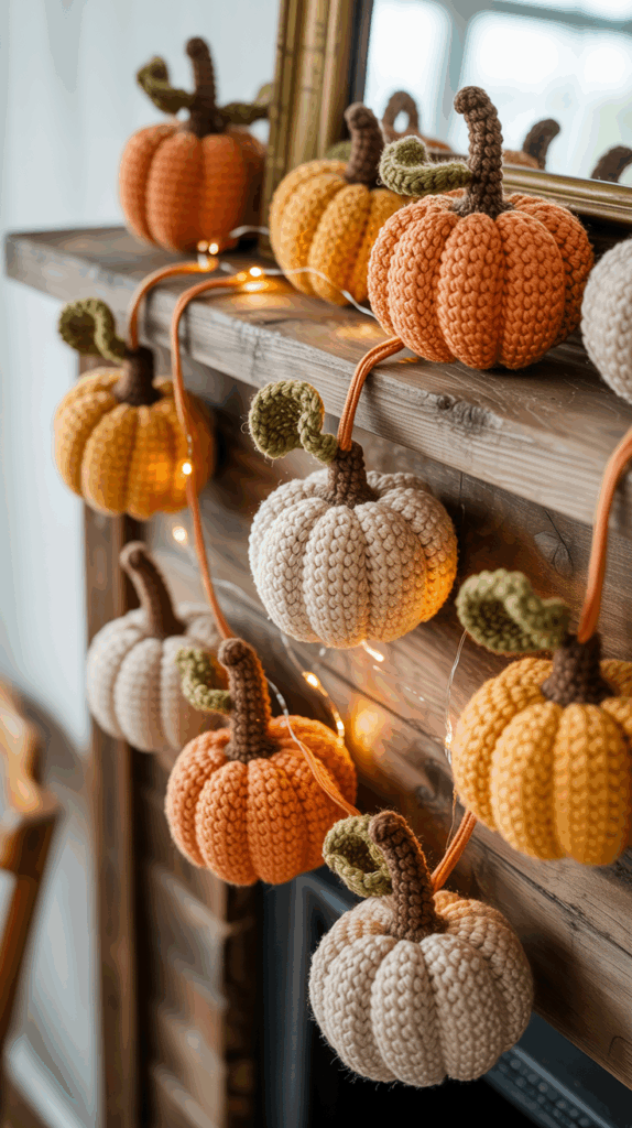 A close-up view of a string of crocheted pumpkins in orange and cream colors, accented with small green leaves and brown stems, hanging on a wooden mantle with fairy lights illuminating them, creating a cozy autumn decoration.
