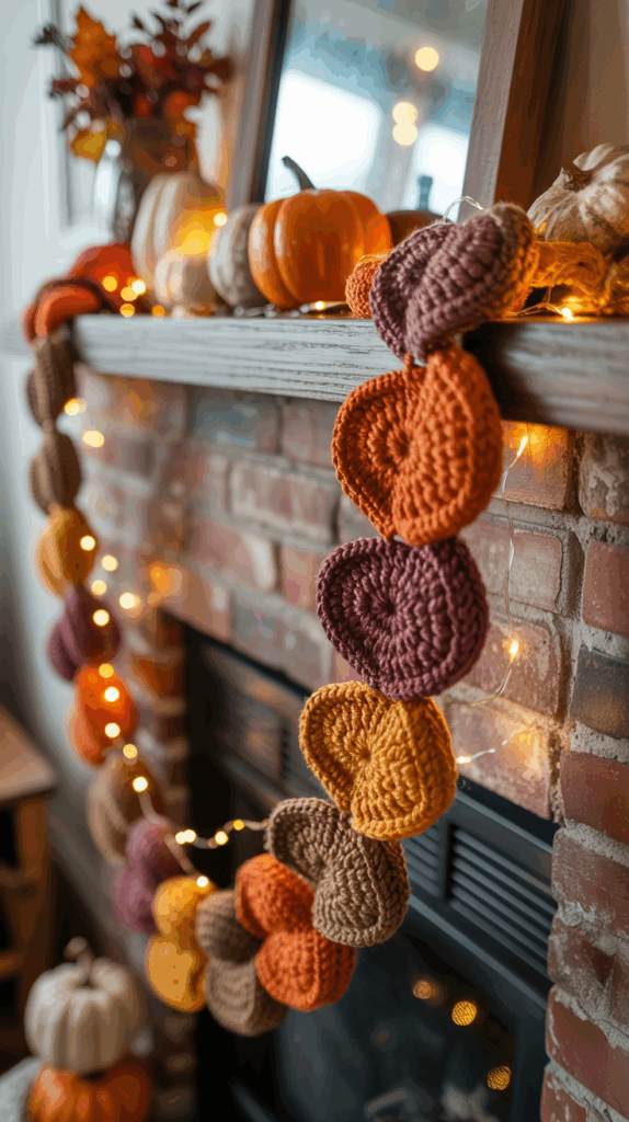 A fireplace mantle decorated with a garland of crocheted autumn leaves in red, orange, yellow, and brown, interspersed with string lights, and small pumpkins on top.