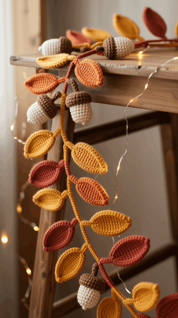 A decorative garland made of crocheted acorns and autumn leaves in brown, orange, and yellow hues draped over a wooden ladder, complemented by a string of small, warm fairy lights.