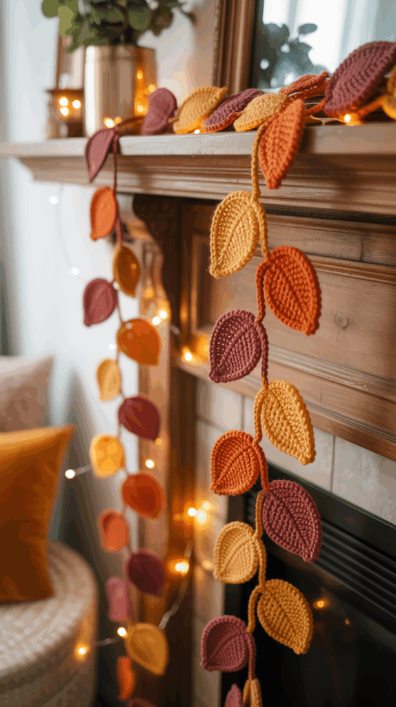A cozy autumn-themed mantel featuring a garland of crocheted leaves in shades of orange, yellow, and burgundy, accented with warm fairy lights.