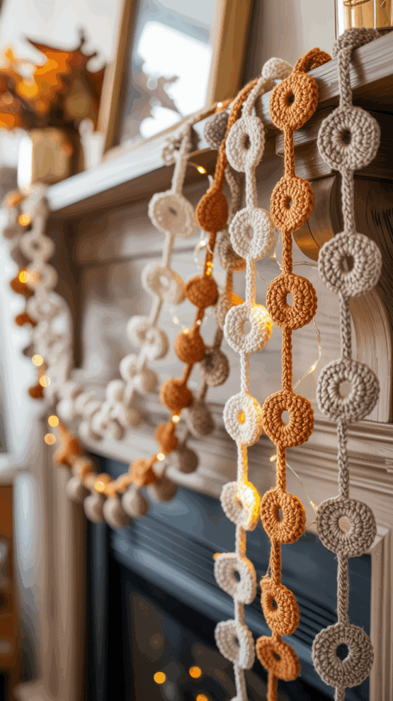 A crocheted garland with autumnal colors like orange, brown, and cream draped over a fireplace mantel, decorated with small accent lights and fall-themed ornaments.