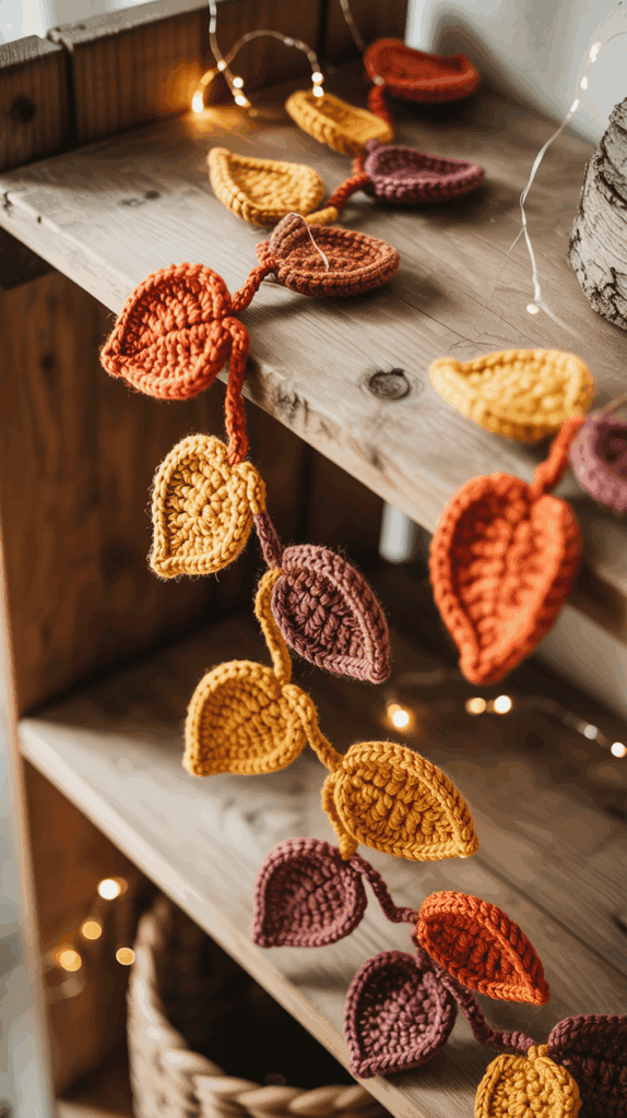 A decorative garland made of crocheted leaves in autumn colors, including oranges, yellows, and reds, draped over a wooden shelf with small string lights in the background.
