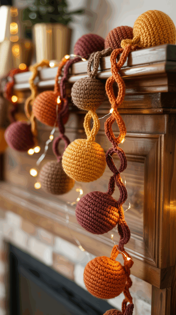 A wooden mantel decorated with a garland of knitted balls in autumn colors like orange, yellow, and brown, intertwined with small fairy lights.