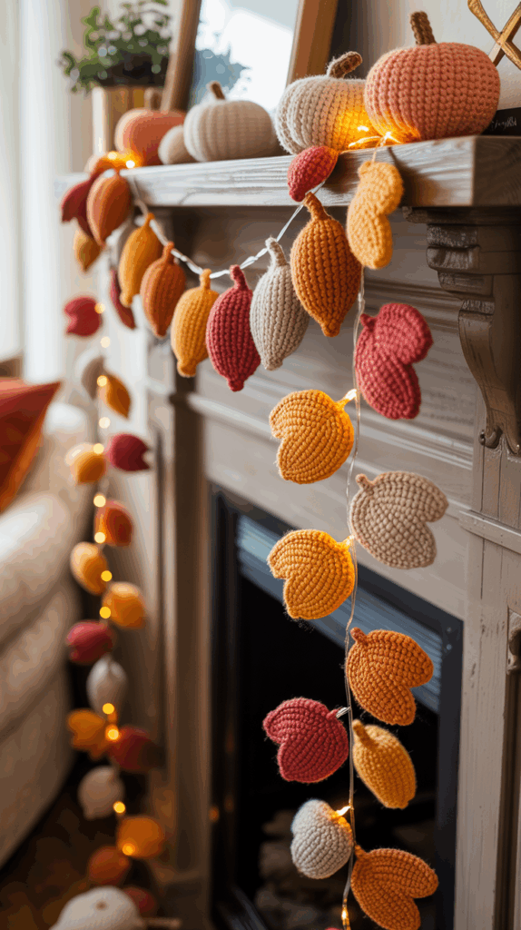 A cozy fireplace adorned with crocheted decorations, including pumpkins and leaves in warm autumn colors such as orange, red, and beige, illuminated by small string lights.