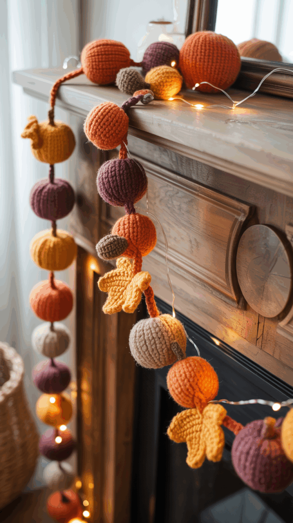 A cozy autumn decoration featuring a garland of knitted pumpkins in various fall colors, such as orange, brown, and mustard yellow, draped over a wooden mantel. Small fairy lights are intertwined with the garland, adding a warm glow.
