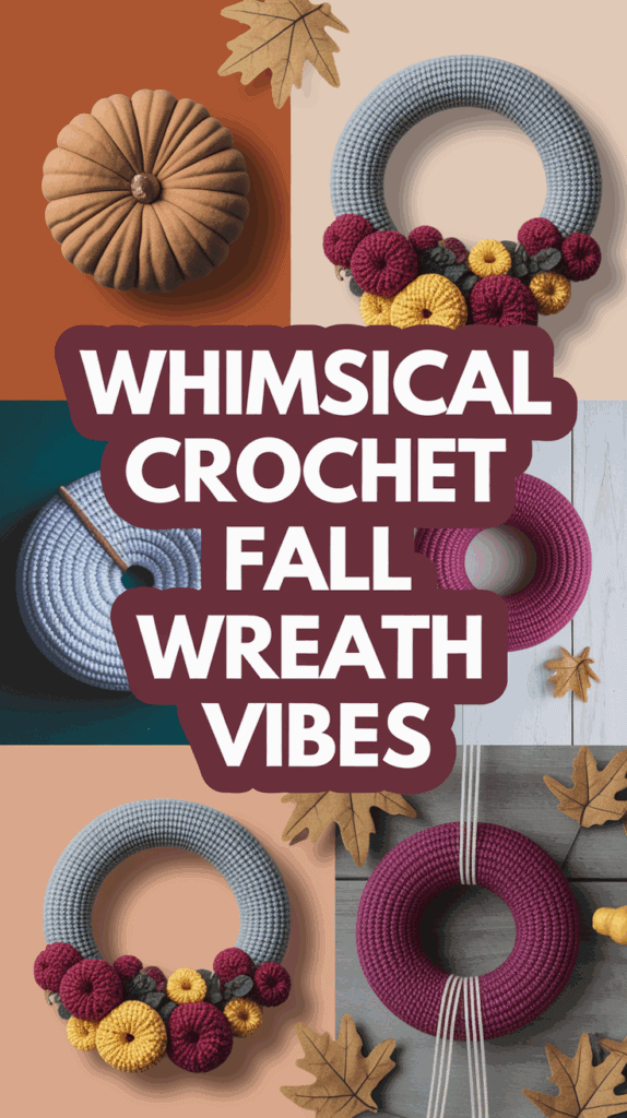 A collage of whimsical crochet fall wreaths featuring knitted pumpkins and leaves, with text reading "Whimsical Crochet Fall Wreath Vibes" in bold letters.