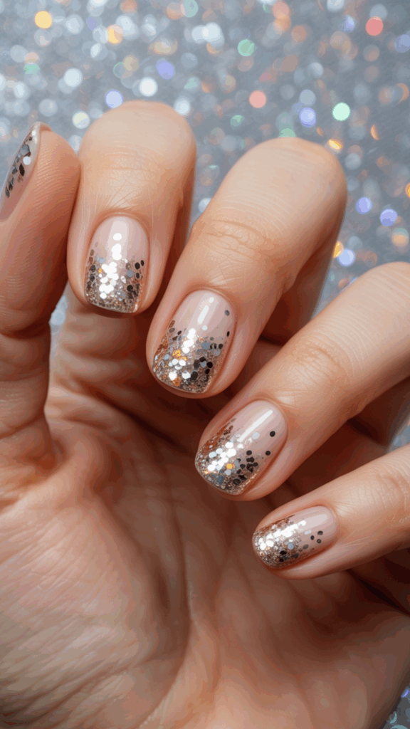 A close-up of a hand with nude-colored nails featuring glittery gold and silver accents on the tips, against a blurred, sparkly background.
