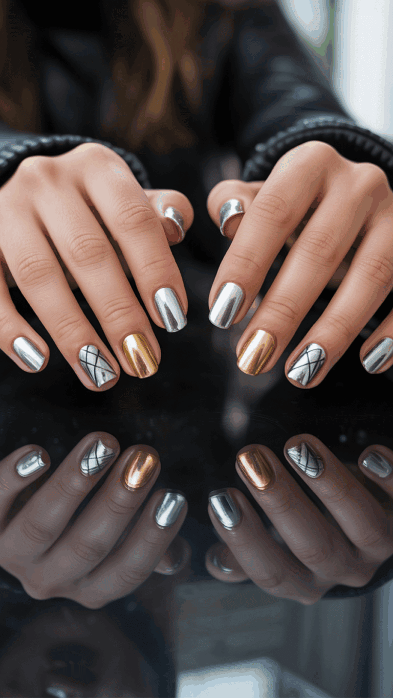 Hands with metallic gold and silver nail polish designs on a reflective surface.