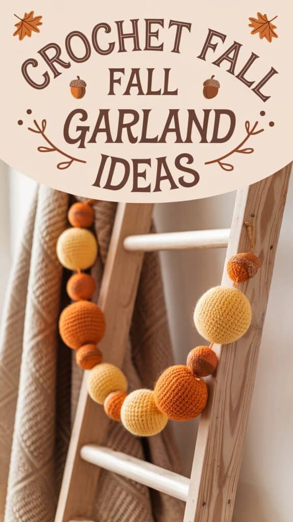 A decorative setup featuring a wooden ladder draped with a crochet garland made of round, multicolored yarn balls in autumnal shades, against a background of a knitted blanket. The text "Crochet Fall Garland Ideas" is displayed above with leaf and acorn graphics.