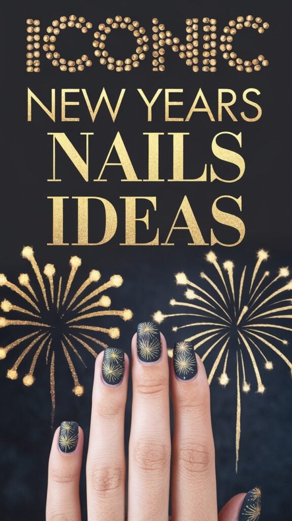 Poster with the phrase "Iconic New Years Nails Ideas" in gold letters, featuring a hand with dark nail polish and golden firework designs against a black background with similar golden fireworks illustrations.