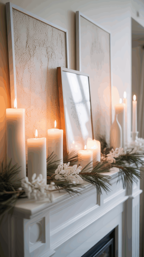 A white mantle decorated with lit pillar candles, evergreen sprigs, and white ornaments, with framed art pieces leaning against the wall.