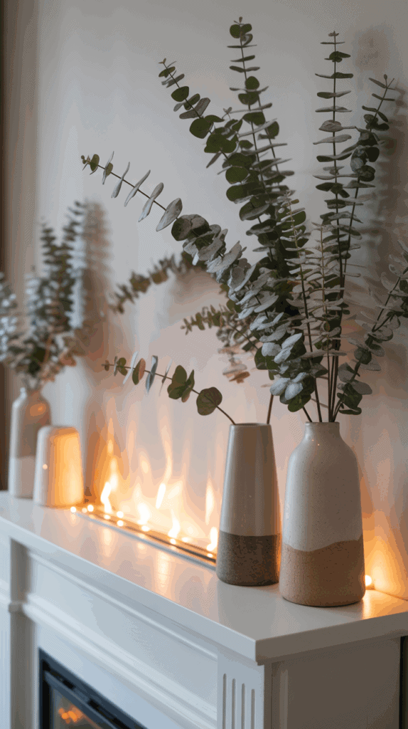 A white mantelpiece decorated with tall ceramic vases holding eucalyptus branches, illuminated by soft, warm lights.