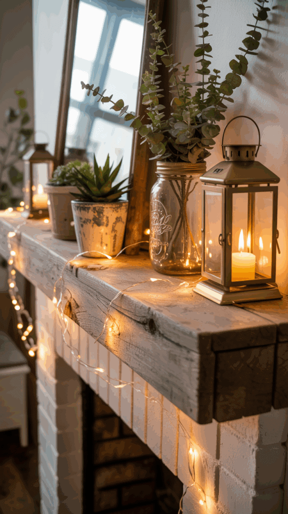 A rustic wooden fireplace mantel decorated with a gold lantern holding a candle, a mason jar with eucalyptus, a small potted succulent, and string lights adding a warm ambiance.