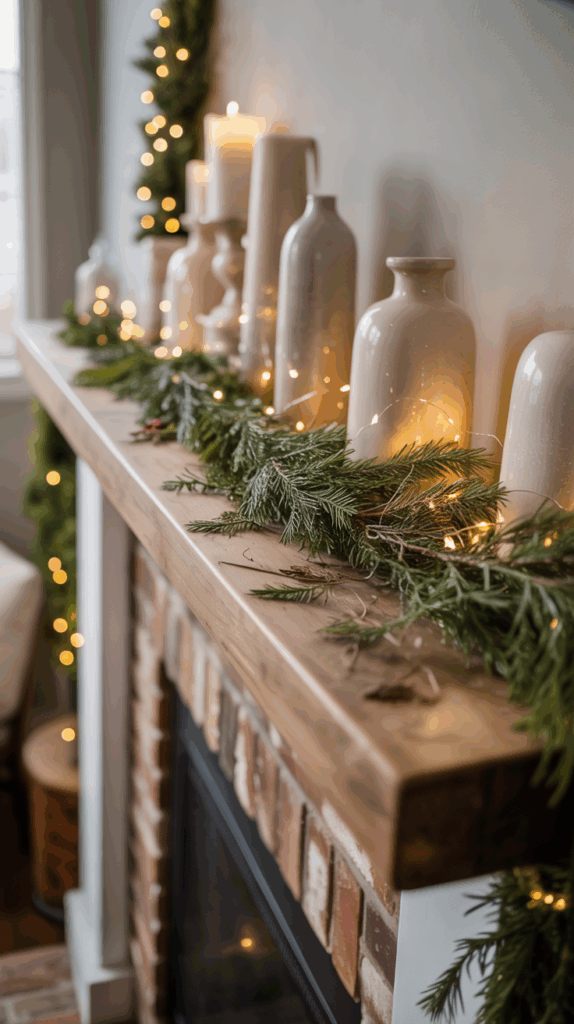A cozy fireplace mantel decorated for the holidays with pine branches, twinkling lights, and white vases, creating a warm and festive atmosphere.