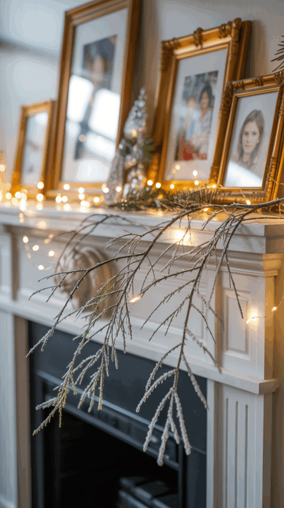 A fireplace mantel decorated with framed family photos, festive lights, evergreen branches, and a small decorative tree.