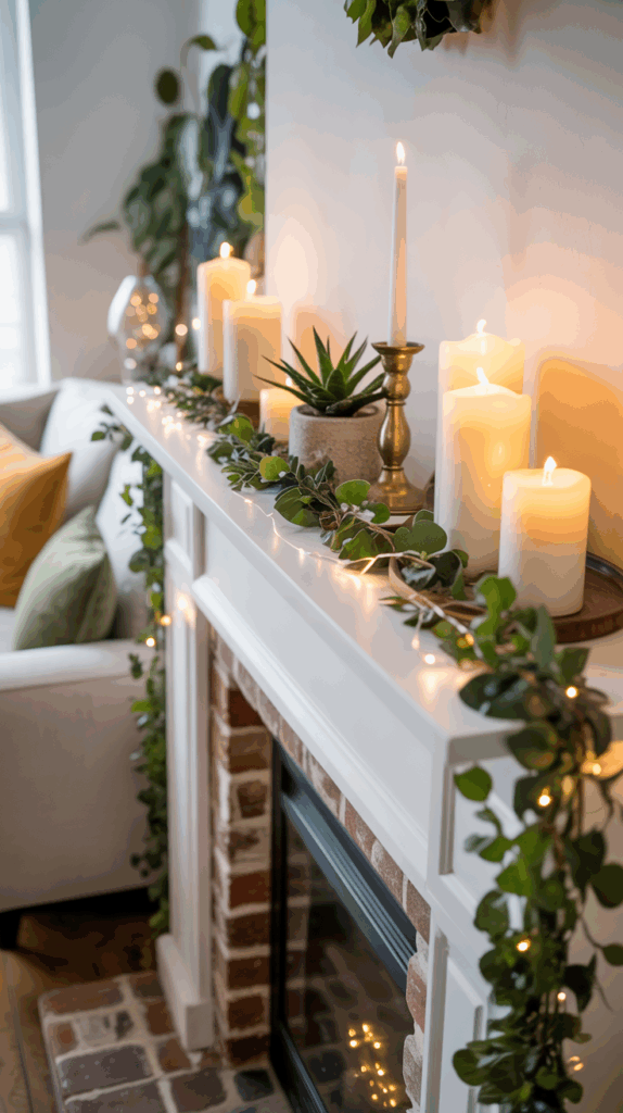 A white mantelpiece adorned with lit candles, greenery, a small plant in a stone pot, and a string of fairy lights, creating a cozy and inviting atmosphere in a room with a brick fireplace.